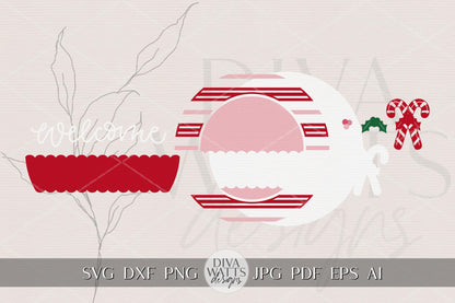 Welcome Candy Cane SVG Round Door Hanger | Christmas Laser Cut File for Glowforge xTool OMTech | Holiday Porch Sign