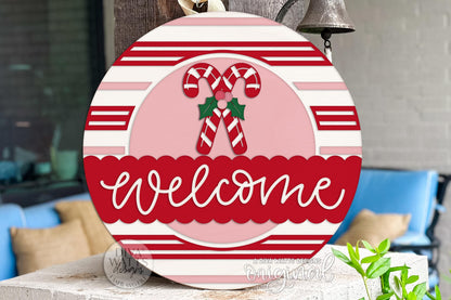 Welcome Candy Cane SVG Round Door Hanger | Christmas Laser Cut File for Glowforge xTool OMTech | Holiday Porch Sign