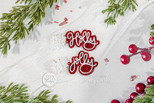 Holly Jolly Christmas Earrings SVG Glowforge File | Holiday Script Earring Template | Festive Laser Cut Jewelry Pattern for Makers