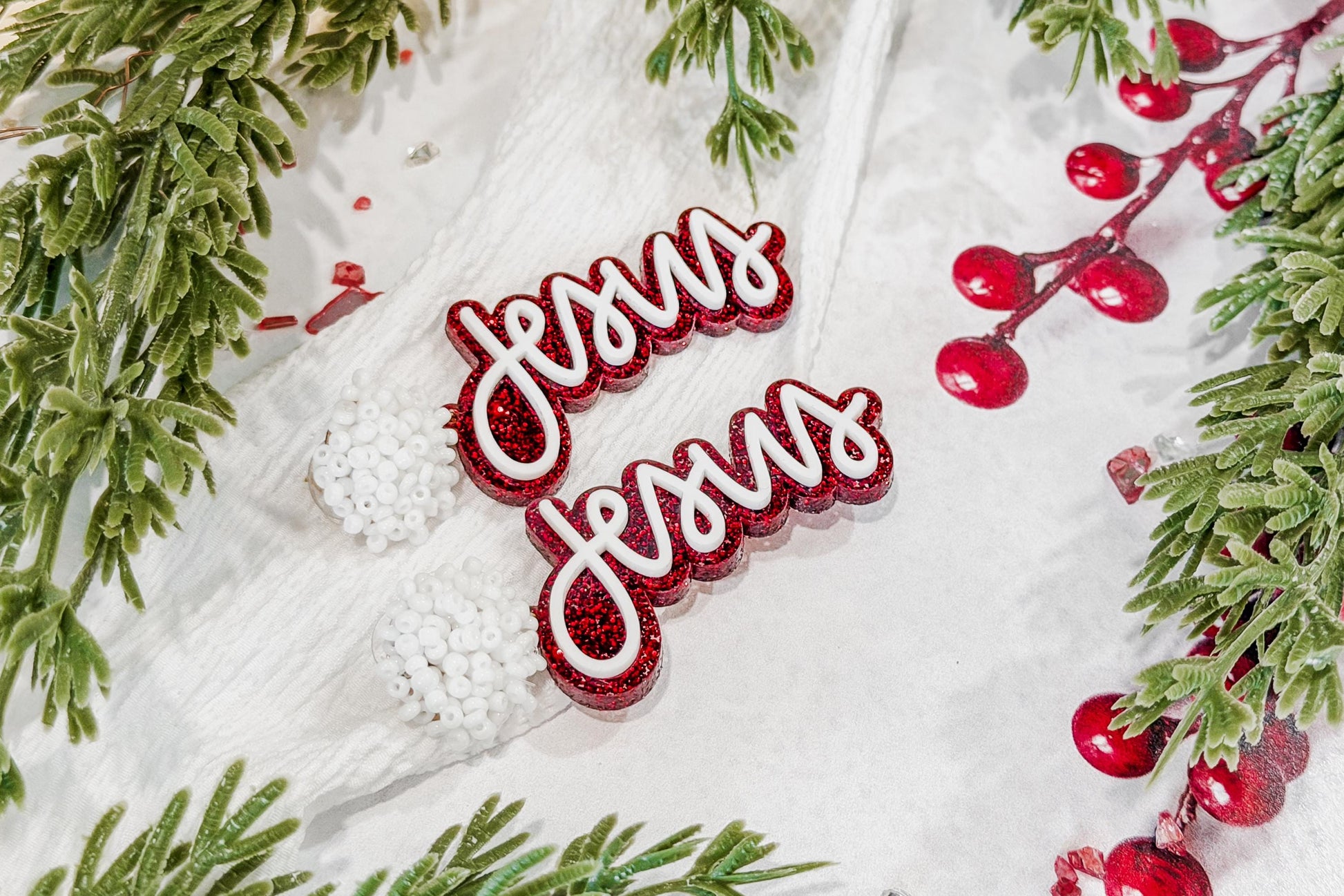 Jesus Christmas Earrings SVG Glowforge File | Faith Script Earring Template | Religious Laser Cut Jewelry Design for Holiday Crafts