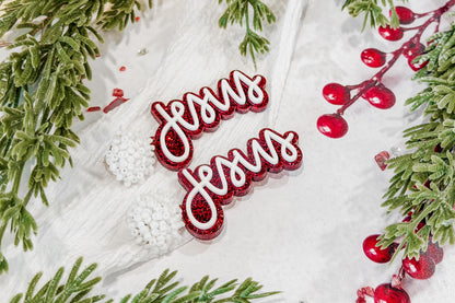 Jesus Christmas Earrings SVG Glowforge File | Faith Script Earring Template | Religious Laser Cut Jewelry Design for Holiday Crafts