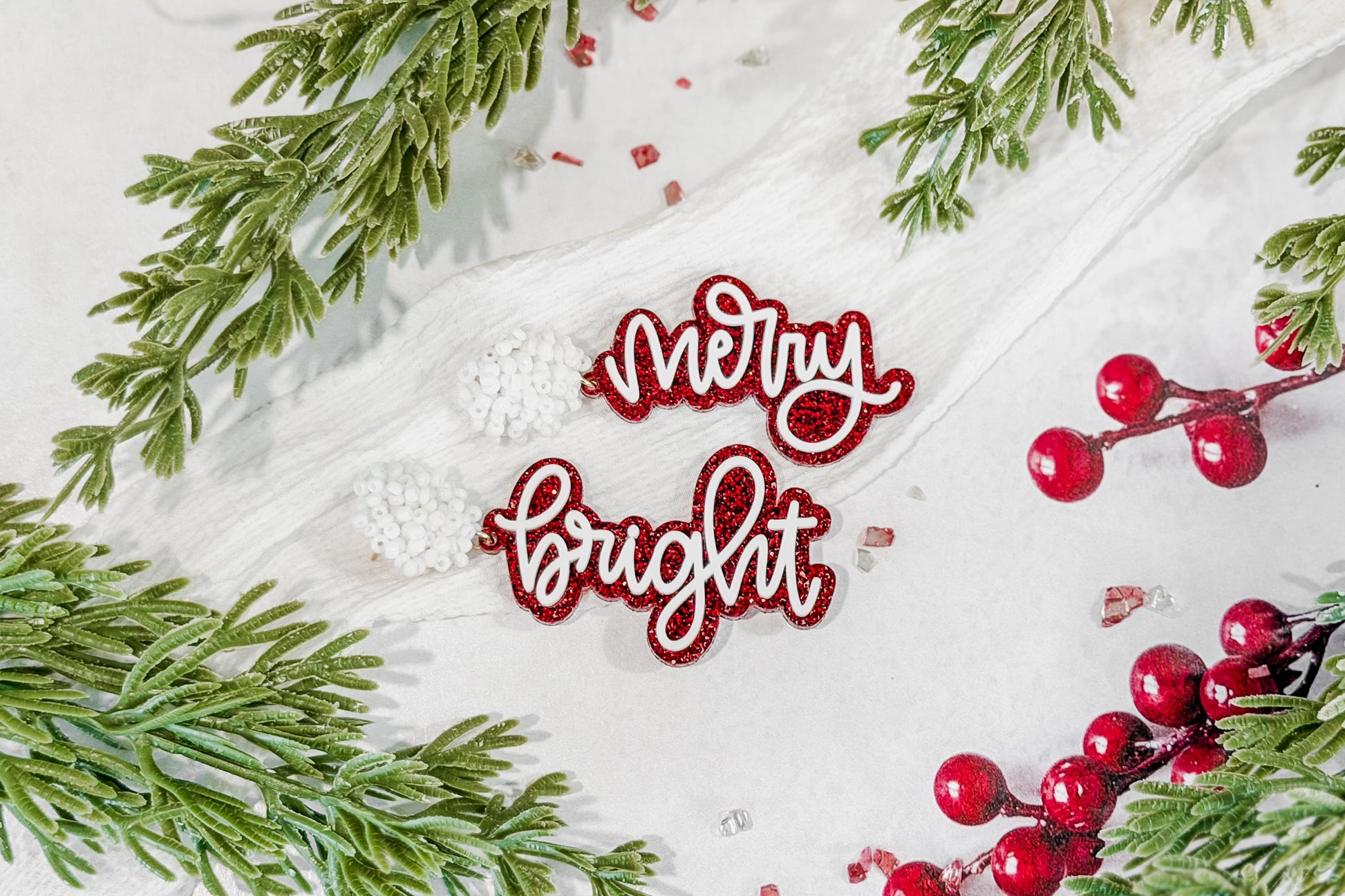 Merry Bright Christmas Earrings SVG Glowforge File | Holiday Script Earring Template | Festive Laser Cut Jewelry Design for Makers