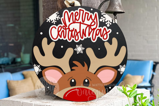 Merry Christmas Reindeer Door Hanger SVG | Layered Round Christmas Laser Cut File for Glowforge xTool OMTech | Cute Holiday Porch Sign