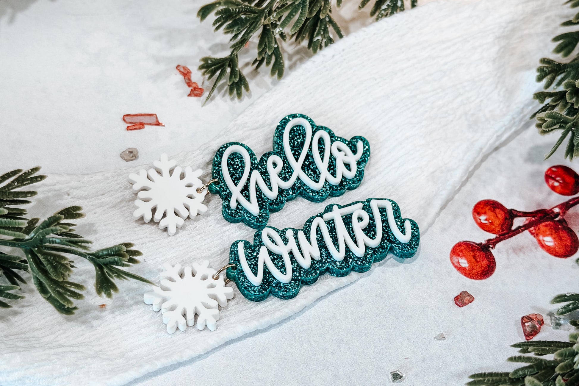 Hello Winter Earring SVG | Laser Cut Earrings File for Glowforge xTool OMTech | Snowflake Script Winter Jewelry Digital Download
