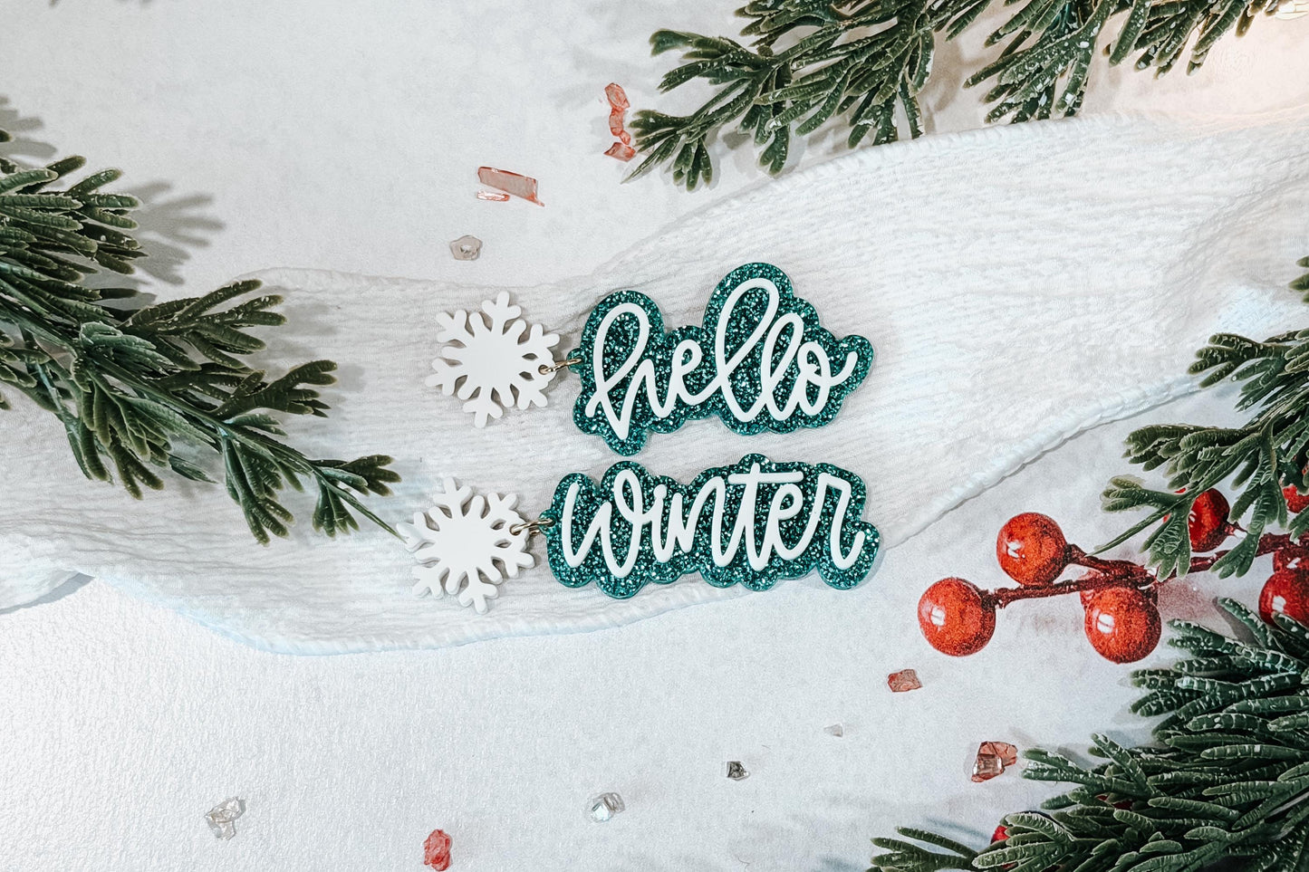 Hello Winter Earring SVG | Laser Cut Earrings File for Glowforge xTool OMTech | Snowflake Script Winter Jewelry Digital Download