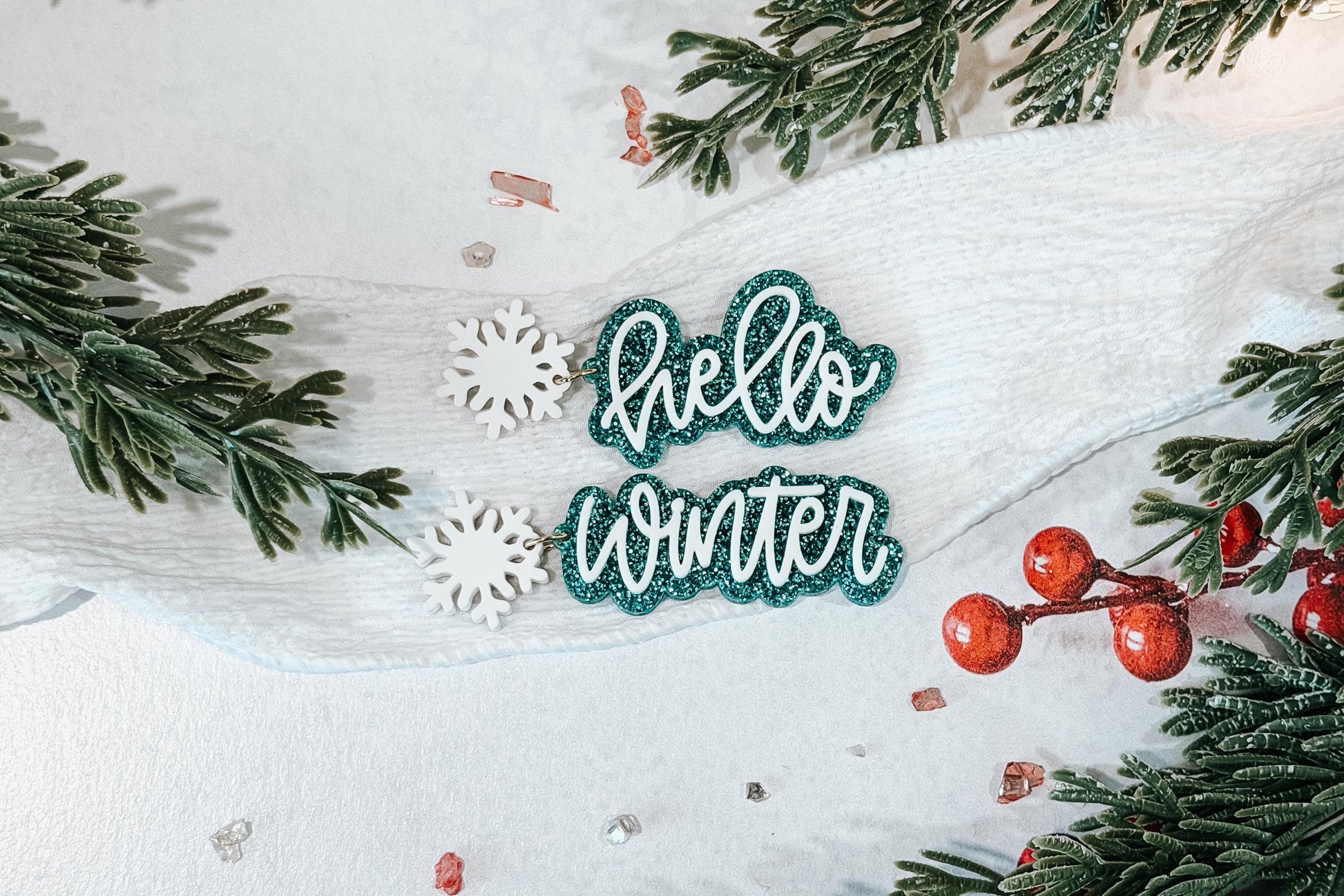 Hello Winter Earring SVG | Laser Cut Earrings File for Glowforge xTool OMTech | Snowflake Script Winter Jewelry Digital Download