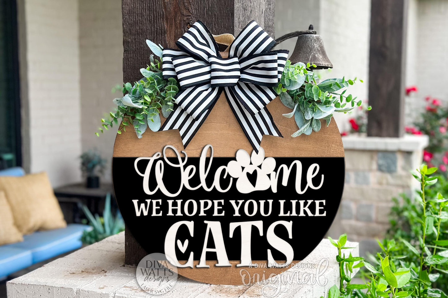 Welcome We Hope You Like Cats Round Door Hanger SVG | Cat Lover Laser Cut File for Glowforge xTool | Funny Porch Sign Digital Download