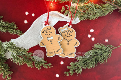 Gingerbread Man & Woman Ornament SVG File Set for Laser Cutting – Christmas Cookie Couple Layered Holiday Decoration Design for Glowforge