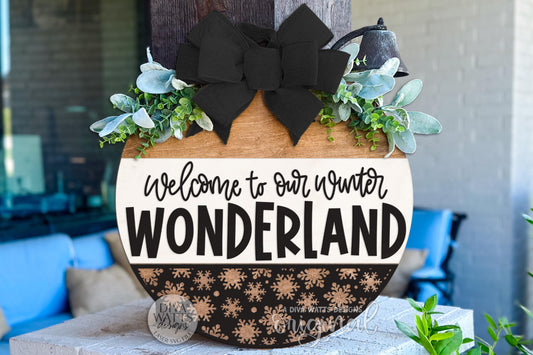 Welcome to Our Winter Wonderland Round Door Hanger SVG | Snowflake Layered Laser Cut File for Glowforge xTool OMTech | DIY Winter Porch Sign