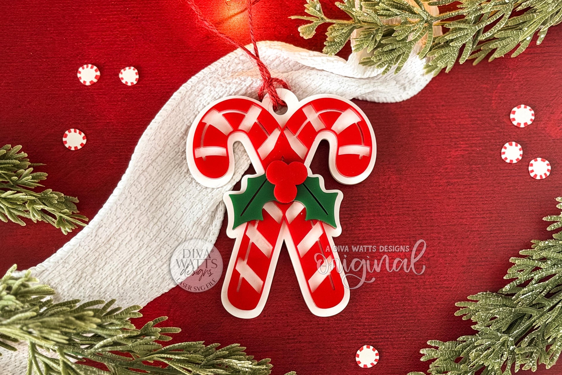 Candy Cane Ornament SVG | Christmas Laser Cut File | Layered Acrylic or Wood Holiday Decoration | Glowforge xTool OMTech DIY Christmas Gift