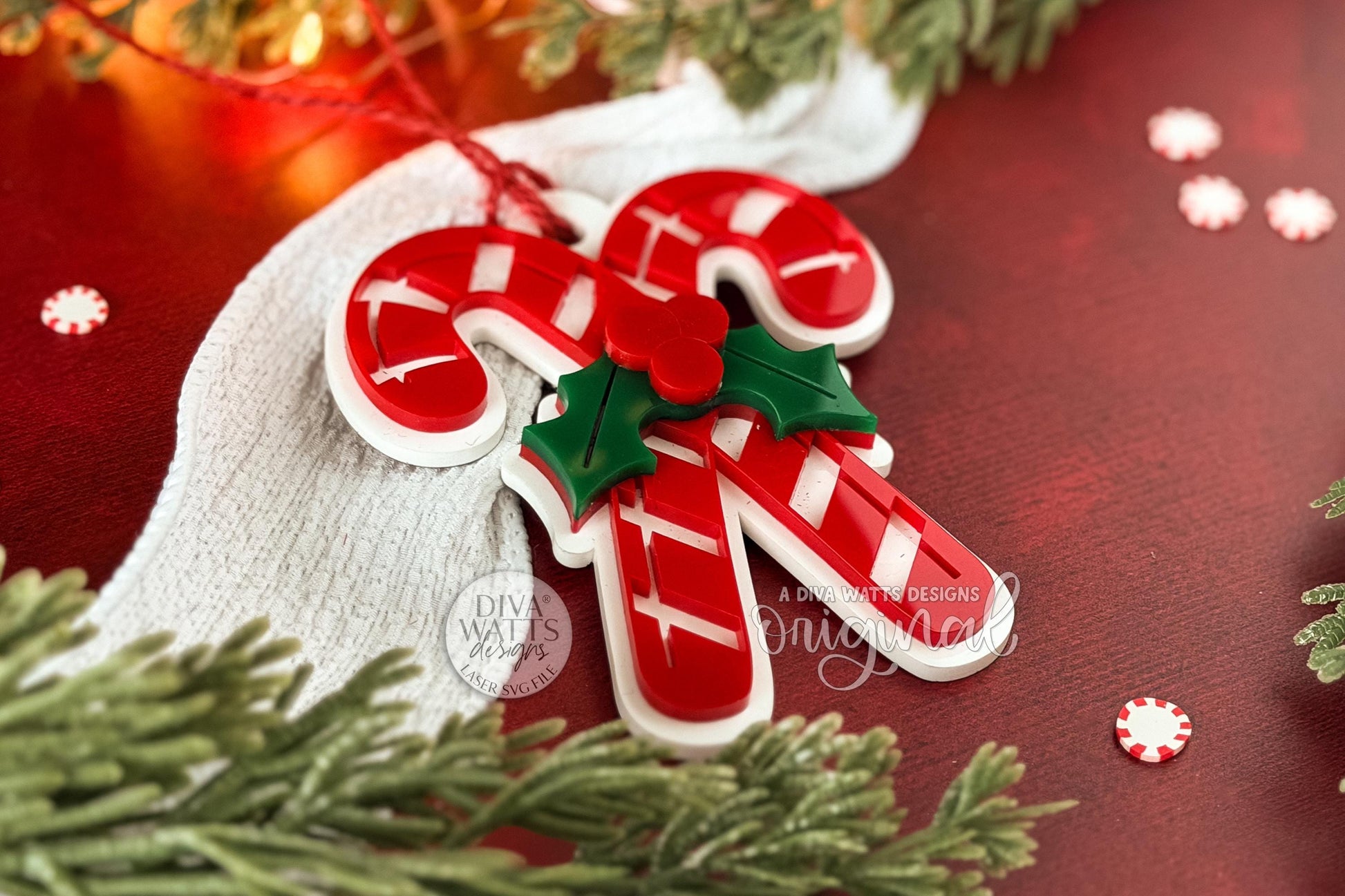 Candy Cane Ornament SVG | Christmas Laser Cut File | Layered Acrylic or Wood Holiday Decoration | Glowforge xTool OMTech DIY Christmas Gift