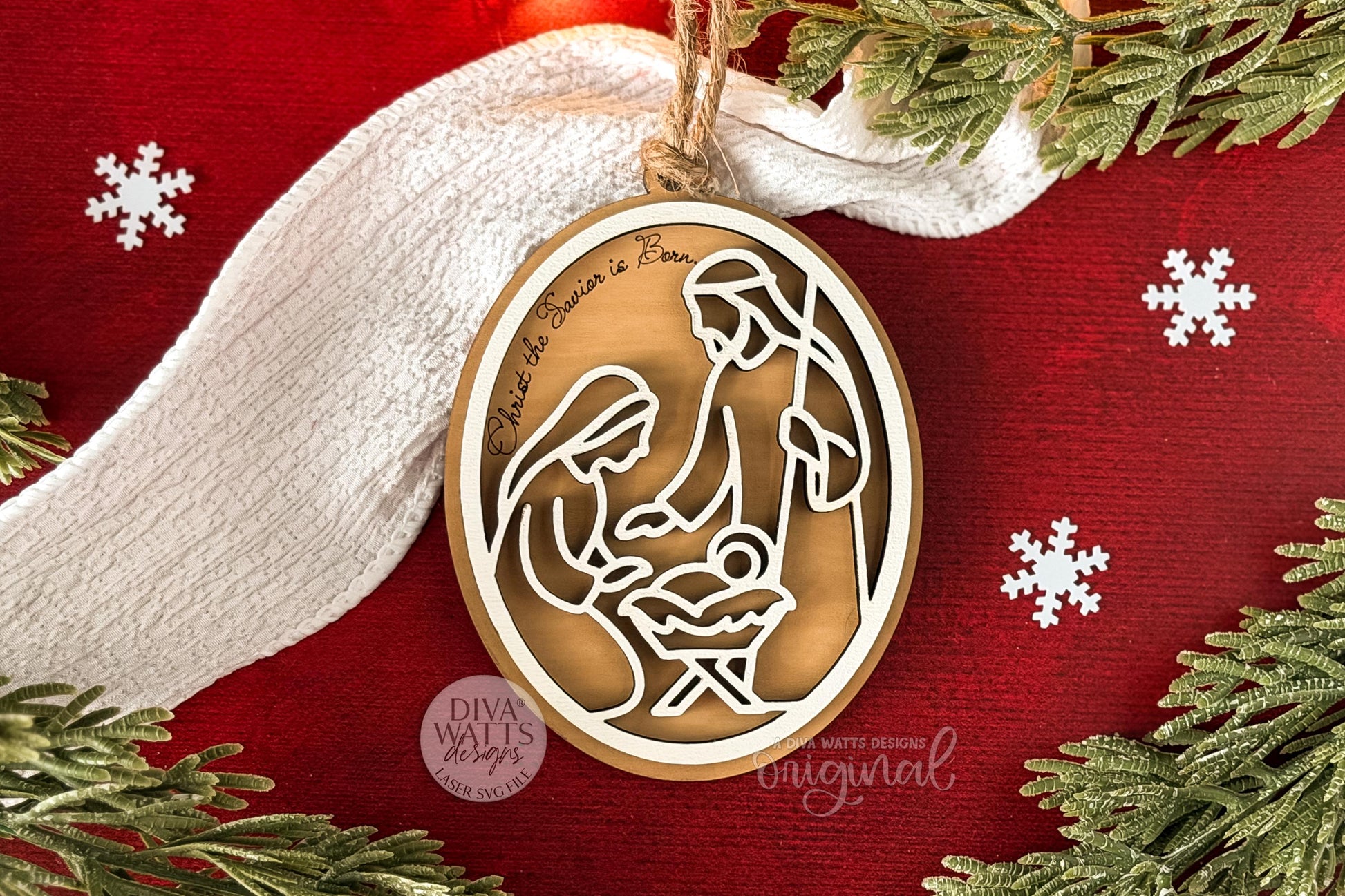 Christ the Savior Is Born Nativity Ornament SVG | Layered Christmas Laser Cut File for Glowforge xTool OMTech | Religious Holiday Décor