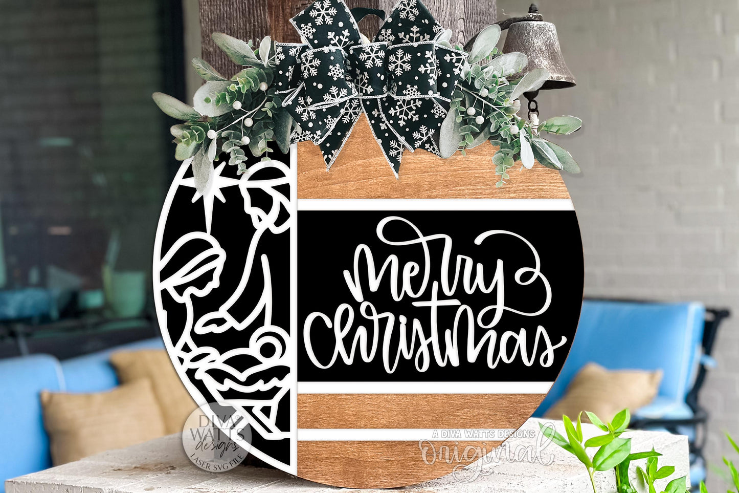 Merry Christmas Nativity SVG | Layered Round Door Hanger Laser Cut File for Glowforge xTool OMTech | Religious Holiday Sign