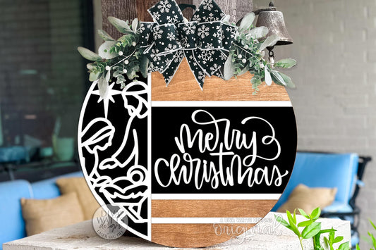 Merry Christmas Nativity SVG | Layered Round Door Hanger Laser Cut File for Glowforge xTool OMTech | Religious Holiday Sign