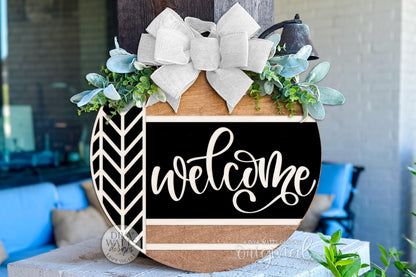 Welcome Round Door Hanger SVG | Modern Farmhouse Laser Cut File for Glowforge xTool OMTech | Layered Wood Sign Digital Download
