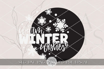 Warm Winter Wishes Round Door Hanger SVG Glowforge Laser Cut File for DIY Wood Sign Winter Porch Décor Digital Download