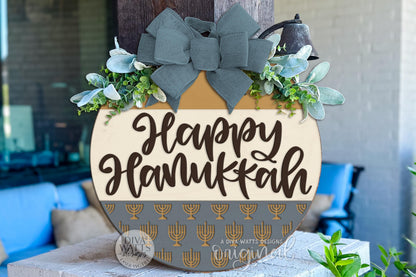 Happy Hanukkah Round Door Hanger SVG | Layered Laser Cut File for Glowforge xTool OMTech | Menorah Pattern Holiday Sign DIY
