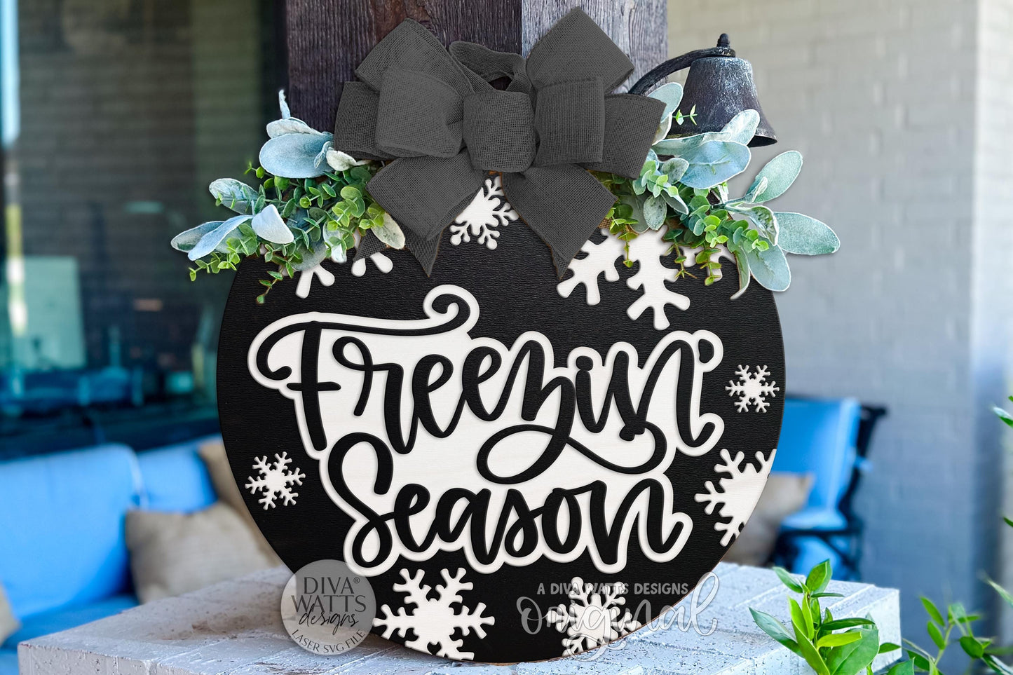 Freezin Season SVG Round Door Hanger File for Laser Cutting | Winter Porch Sign SVG | Snowflake Layered Sign | Glowforge xTool OMTech DIY