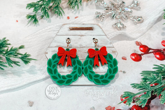 Christmas Wreath Earrings SVG Glowforge File | Layered Holiday Bow Earring Laser Cut Template | Festive Acrylic Wood Jewelry SVG for xTool