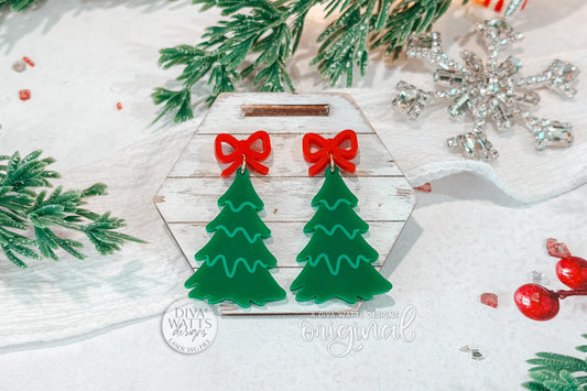 Christmas Tree Earrings SVG Glowforge File | Layered Holiday Bow Earring Template | Festive Laser Cut Acrylic Wood Jewelry SVG for xTool