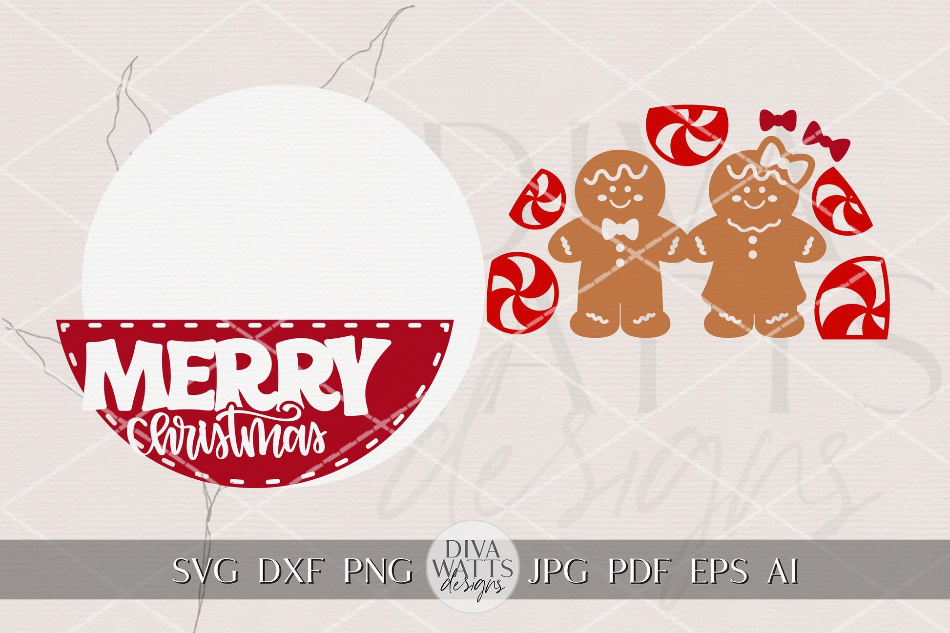 Merry Christmas Gingerbread Couple Round Door Hanger SVG | Peppermint Candy Laser Cut File for Glowforge, xTool & OMTech