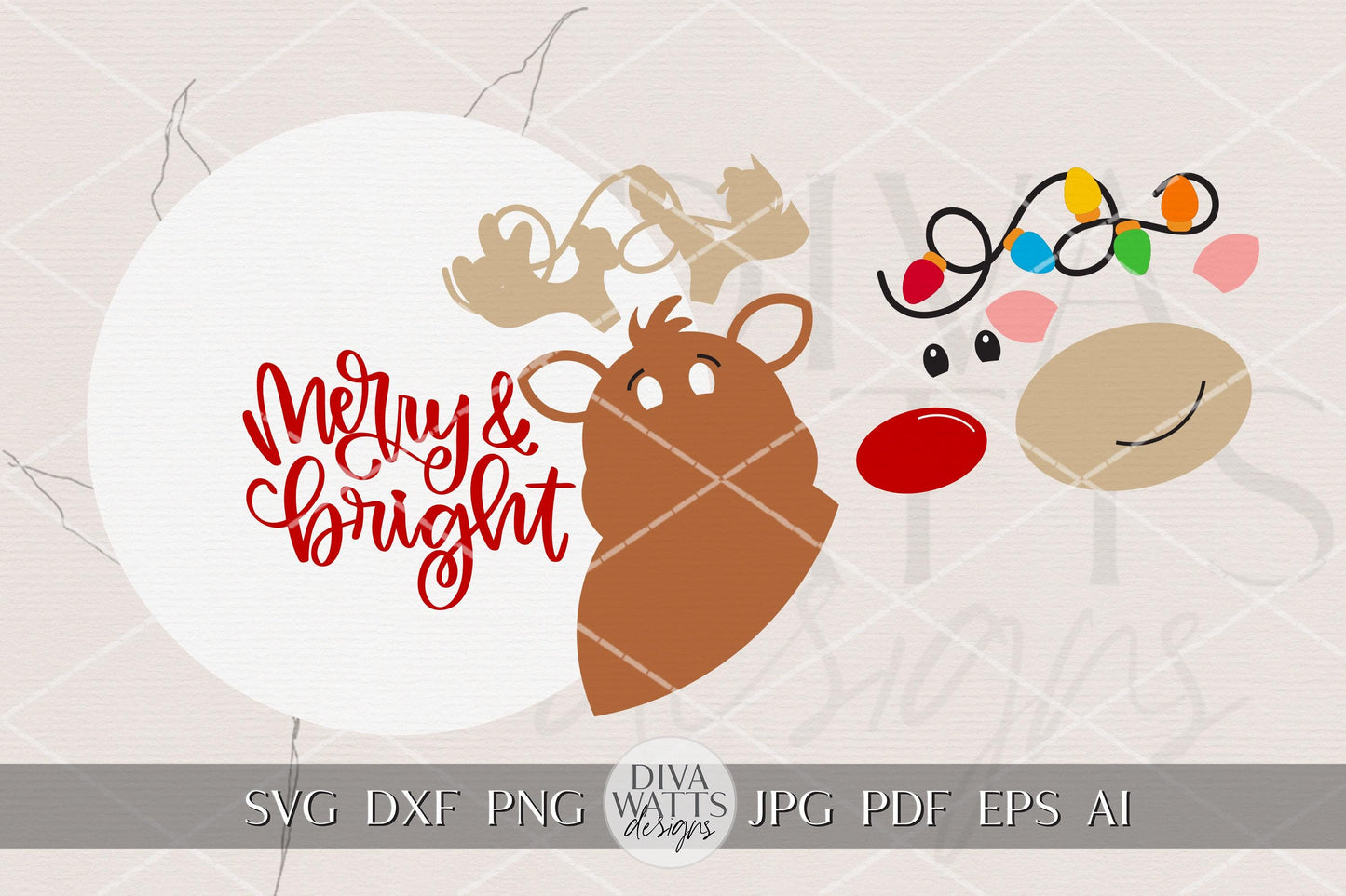 Merry & Bright Reindeer Round Door Hanger SVG | Christmas Lights Laser Cut File for Glowforge xTool OMTech | Holiday Porch Sign