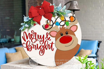 Merry & Bright Reindeer Round Door Hanger SVG | Christmas Lights Laser Cut File for Glowforge xTool OMTech | Holiday Porch Sign