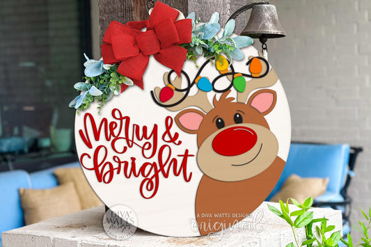 Merry & Bright Reindeer Round Door Hanger SVG | Christmas Lights Laser Cut File for Glowforge xTool OMTech | Holiday Porch Sign