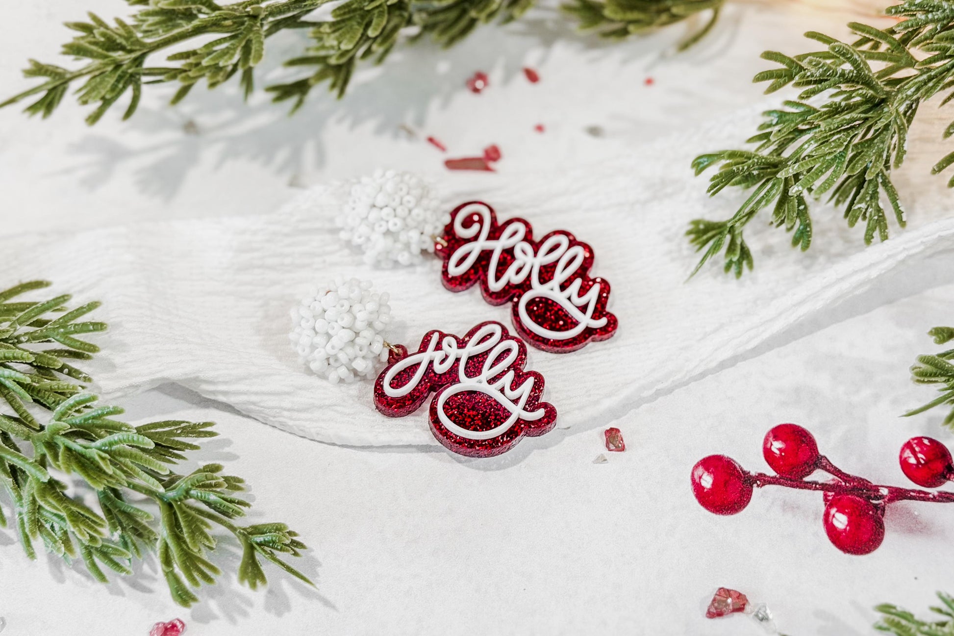 Holly Jolly Christmas Earrings SVG Glowforge File | Holiday Script Earring Template | Festive Laser Cut Jewelry Pattern for Makers