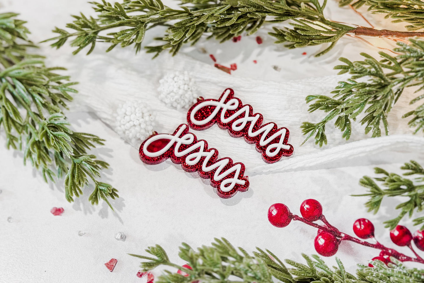 Jesus Christmas Earrings SVG Glowforge File | Faith Script Earring Template | Religious Laser Cut Jewelry Design for Holiday Crafts