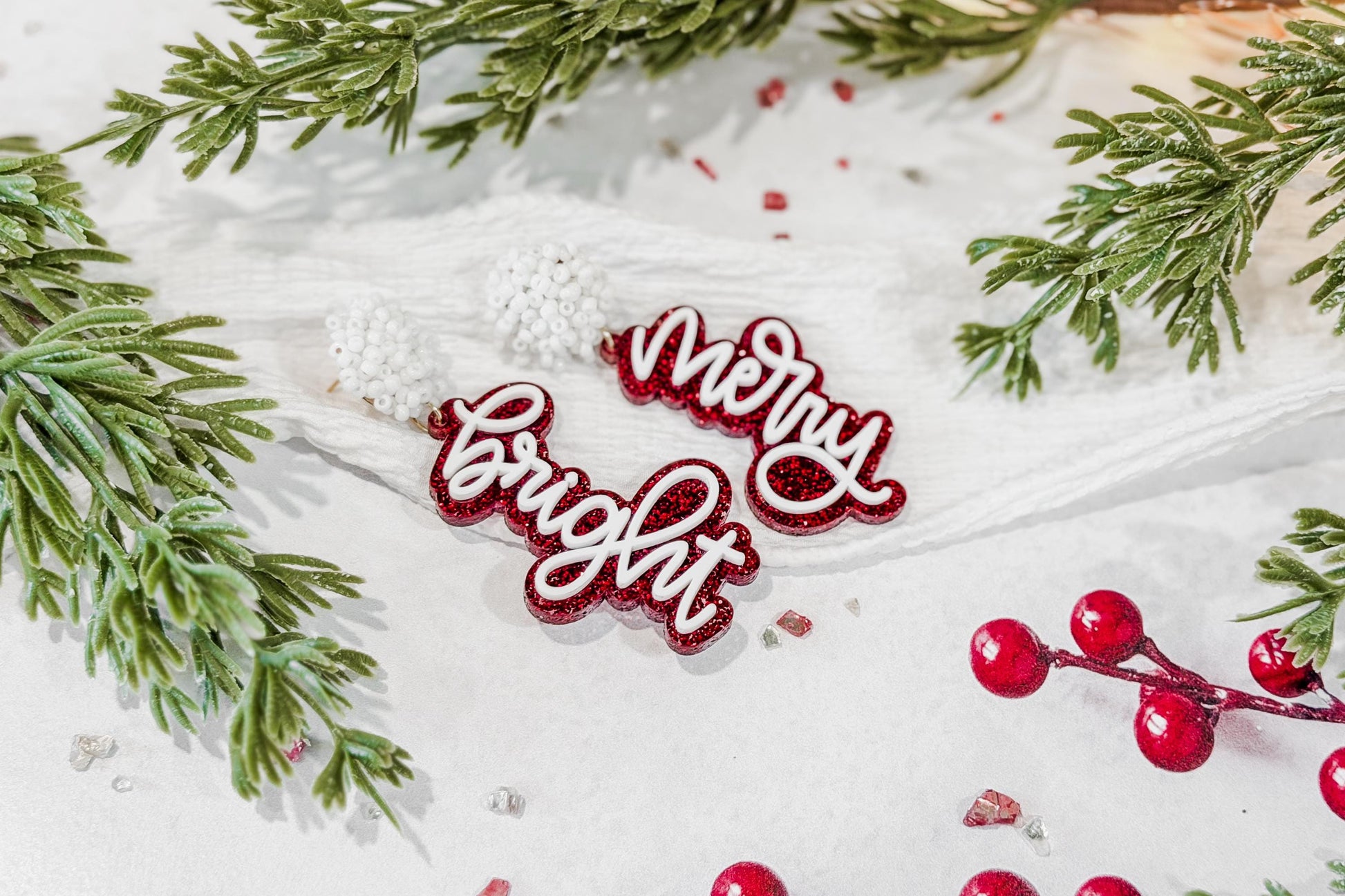 Merry Bright Christmas Earrings SVG Glowforge File | Holiday Script Earring Template | Festive Laser Cut Jewelry Design for Makers