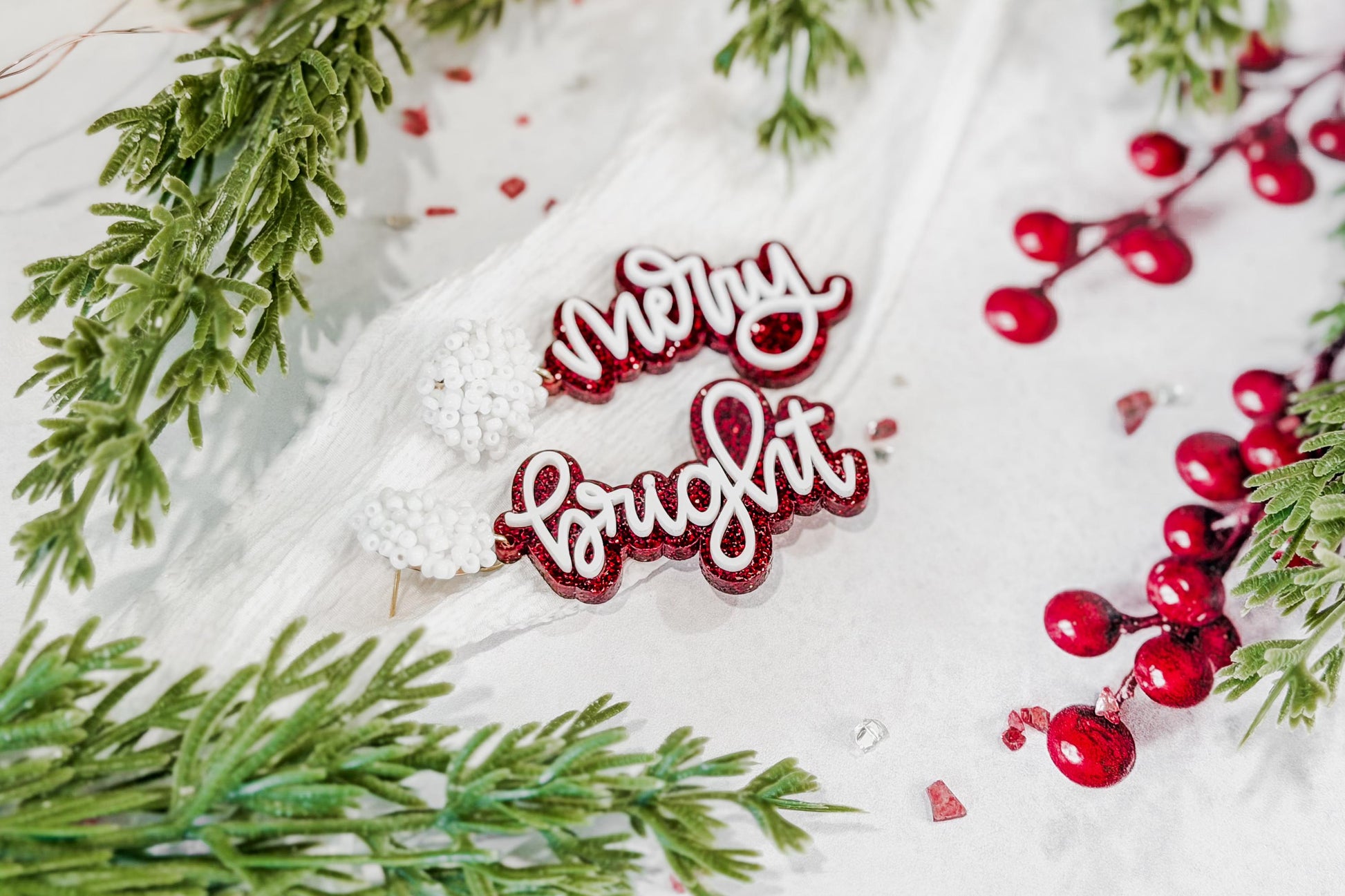 Merry Bright Christmas Earrings SVG Glowforge File | Holiday Script Earring Template | Festive Laser Cut Jewelry Design for Makers