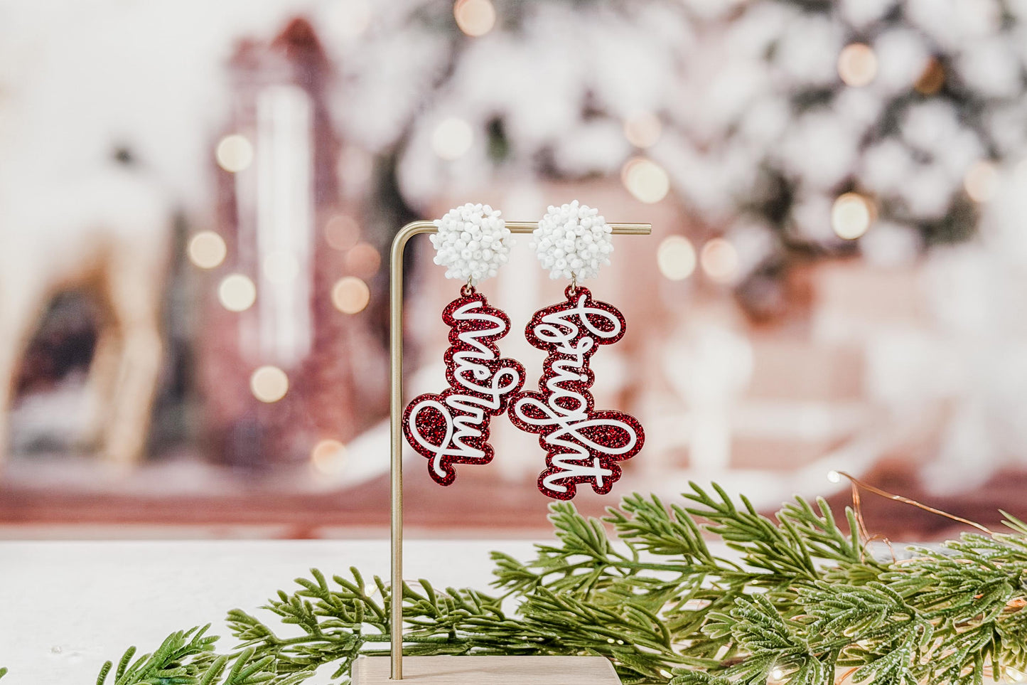Merry Bright Christmas Earrings SVG Glowforge File | Holiday Script Earring Template | Festive Laser Cut Jewelry Design for Makers