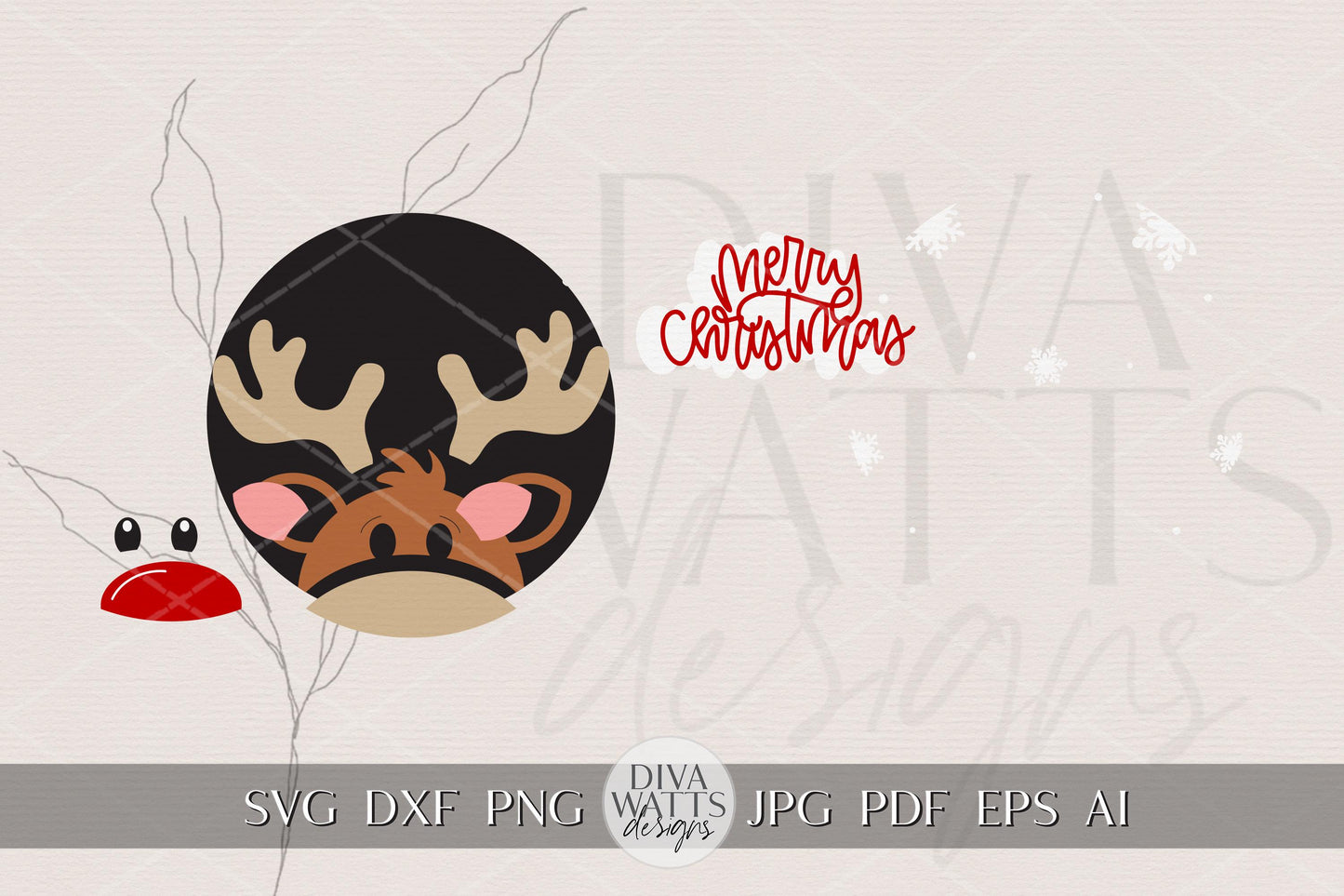 Merry Christmas Reindeer Door Hanger SVG | Layered Round Christmas Laser Cut File for Glowforge xTool OMTech | Cute Holiday Porch Sign