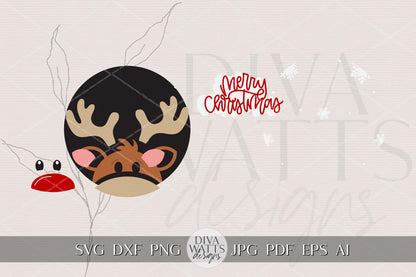 Merry Christmas Reindeer Door Hanger SVG | Layered Round Christmas Laser Cut File for Glowforge xTool OMTech | Cute Holiday Porch Sign