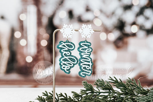 Hello Winter Earring SVG | Laser Cut Earrings File for Glowforge xTool OMTech | Snowflake Script Winter Jewelry Digital Download