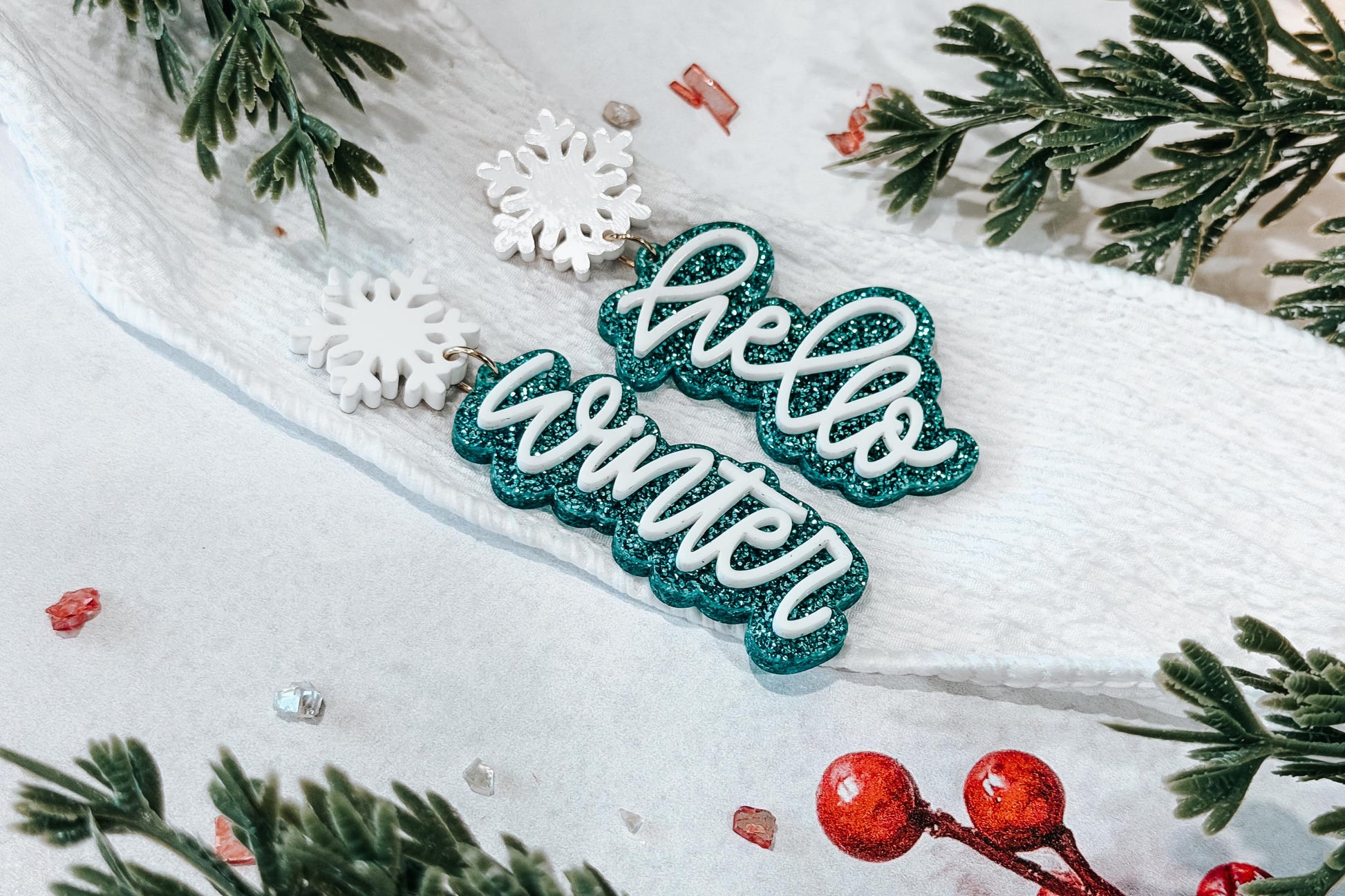 Hello Winter Earring SVG | Laser Cut Earrings File for Glowforge xTool OMTech | Snowflake Script Winter Jewelry Digital Download