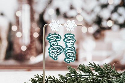 Hello Winter Earring SVG | Laser Cut Earrings File for Glowforge xTool OMTech | Snowflake Script Winter Jewelry Digital Download