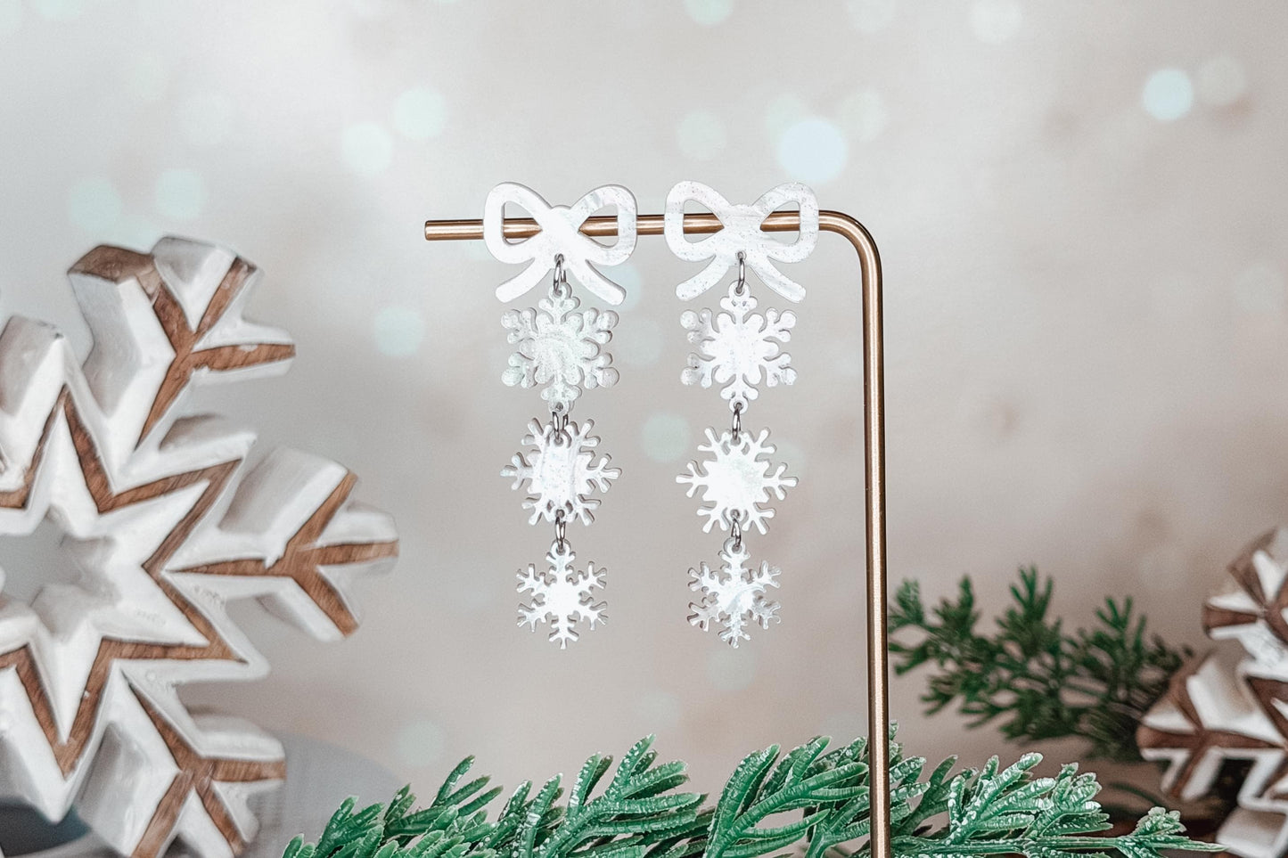 Snowflake Dangle Earrings SVG | Layered Winter Bow Earring Laser Cut File for Glowforge xTool | Christmas Jewelry Making Template