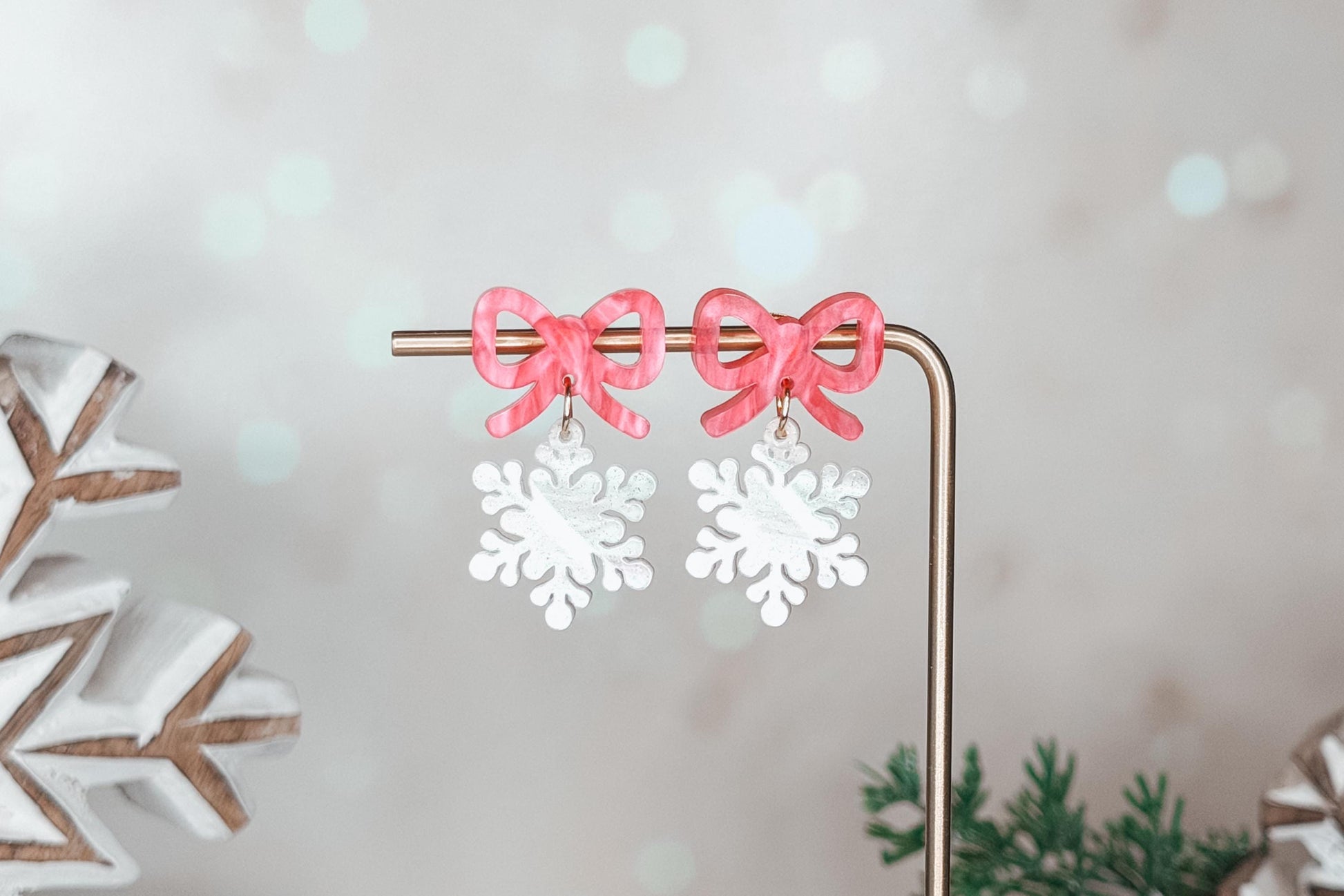 Snowflake Bow Earrings SVG | Layered Christmas Earring Laser Cut File for Glowforge xTool | Holiday Jewelry SVG for Winter Crafts