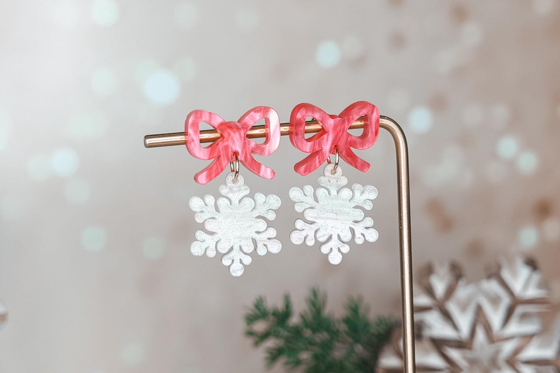 Snowflake Bow Earrings SVG | Layered Christmas Earring Laser Cut File for Glowforge xTool | Holiday Jewelry SVG for Winter Crafts