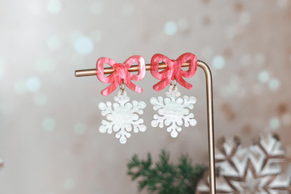 Snowflake Bow Earrings SVG | Layered Christmas Earring Laser Cut File for Glowforge xTool | Holiday Jewelry SVG for Winter Crafts