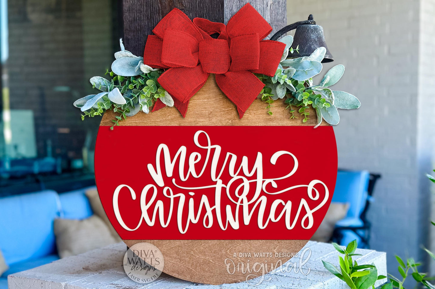 Merry Christmas Round Door Hanger SVG | Layered Holiday Laser Cut File for Glowforge xTool | Christmas Porch Sign Digital Download