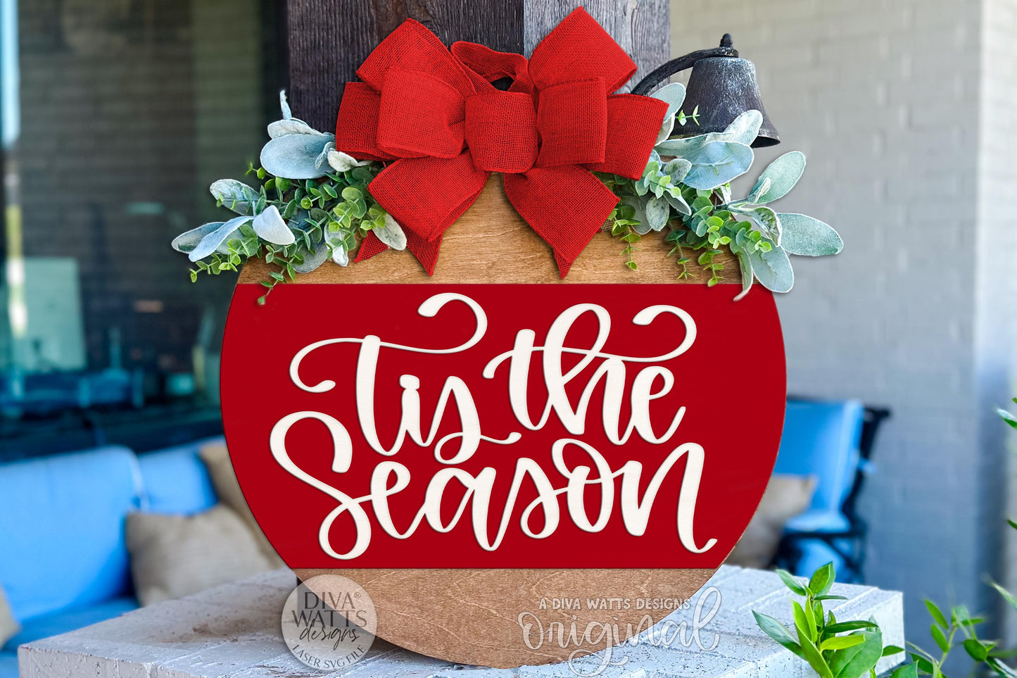 Tis The Season Round Door Hanger SVG File for Laser Cutting | Christmas Porch Sign SVG | Holiday Layered Ornament Shape | Glowforge xTool