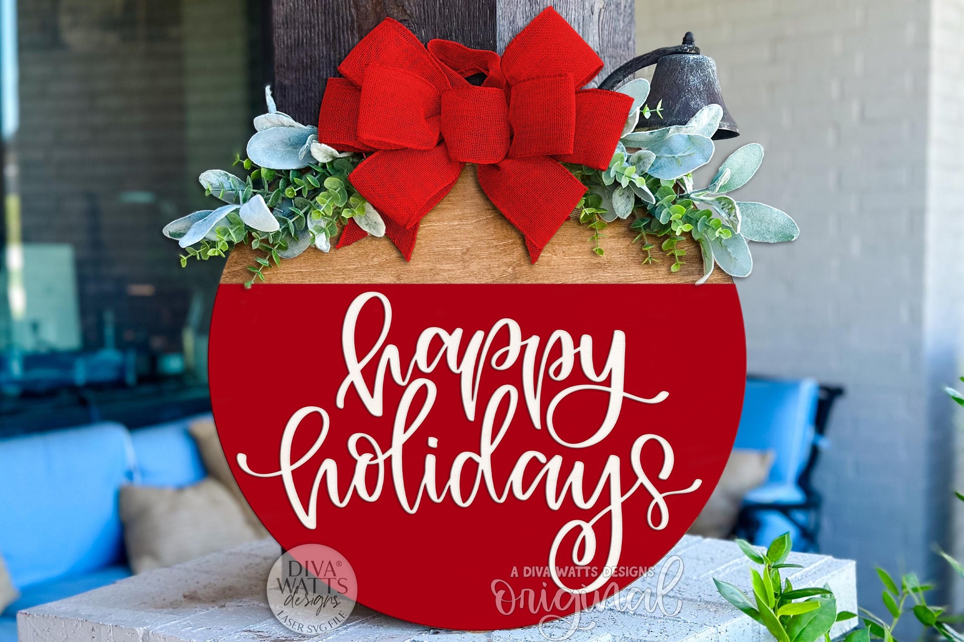 Happy Holidays Round Door Hanger SVG File for Laser Cutting | Christmas Porch Sign SVG | Layered Holiday Ornament Shape | Glowforge xTool
