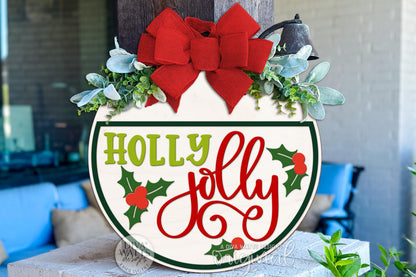 Holly Jolly Christmas Round Door Hanger SVG | Layered Laser Cut File for Glowforge xTool OMTech | Holiday Porch Sign Digital Download