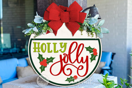 Holly Jolly Christmas Round Door Hanger SVG | Layered Laser Cut File for Glowforge xTool OMTech | Holiday Porch Sign Digital Download