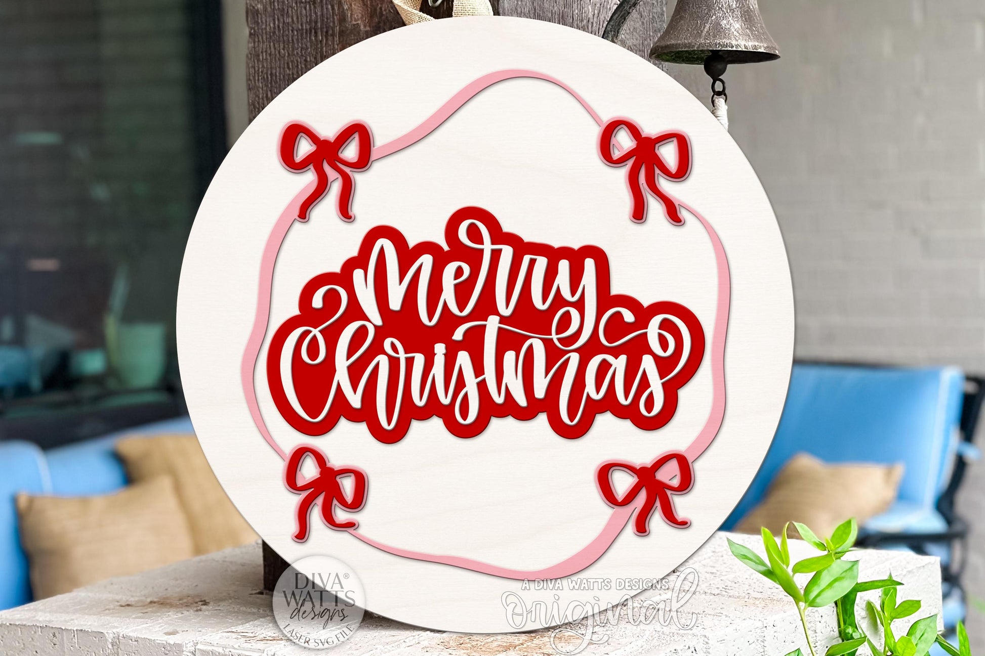 Merry Christmas Round Door Hanger SVG | Coquette Bow Layered Laser Cut File | Holiday Porch Sign for Glowforge xTool OMTech