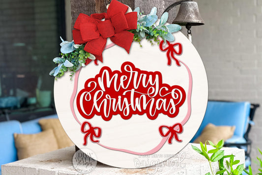 Merry Christmas Round Door Hanger SVG | Coquette Bow Layered Laser Cut File | Holiday Porch Sign for Glowforge xTool OMTech