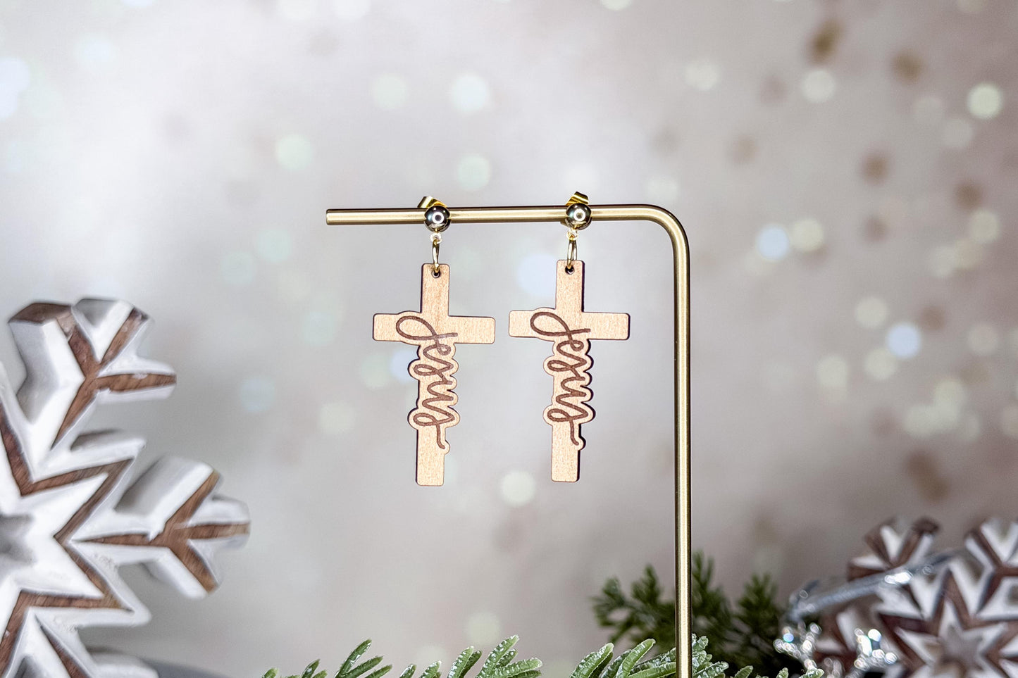Jesus Cross Earrings SVG Laser Cut File | Christian Jewelry Template for Glowforge, xTool, OMTech | Faith Gift DIY Wood Earrings